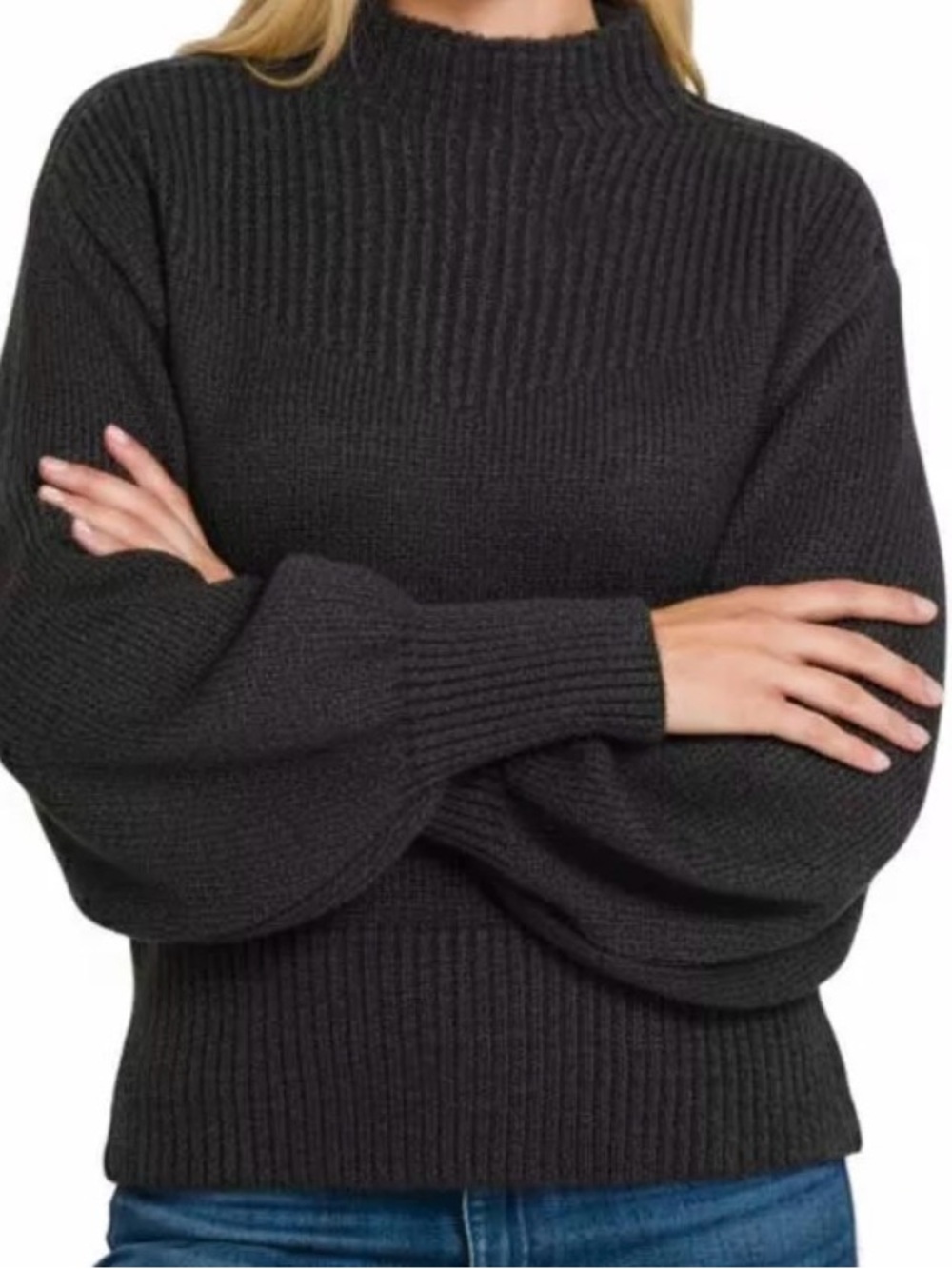Zenana Balloon Sleeve Mock Neck Sweater - Picture 3 of 3